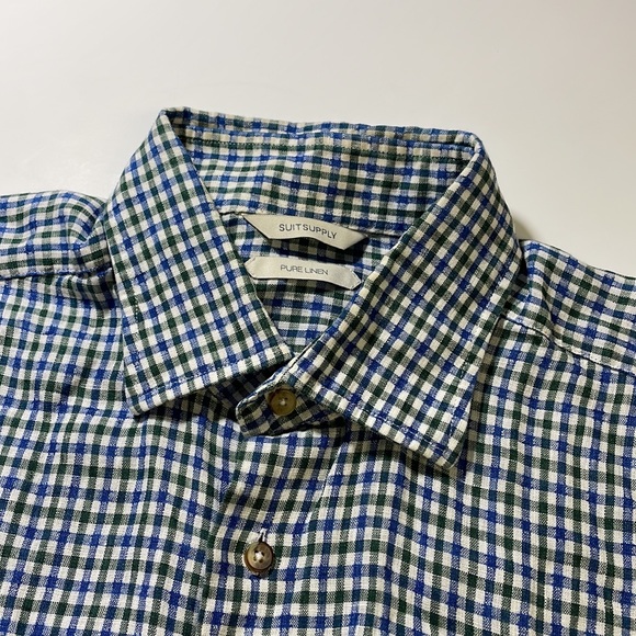 Suitsupply mens 15.5 39-7 L Long blue green checkered 100% linen dress shirt EUC - Picture 4 of 8